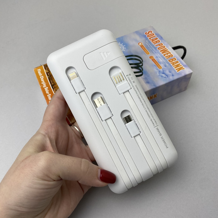 Power Bank Solar с кабелем USB+Micro+Type-C+Lightning (10000mAh) Белый 