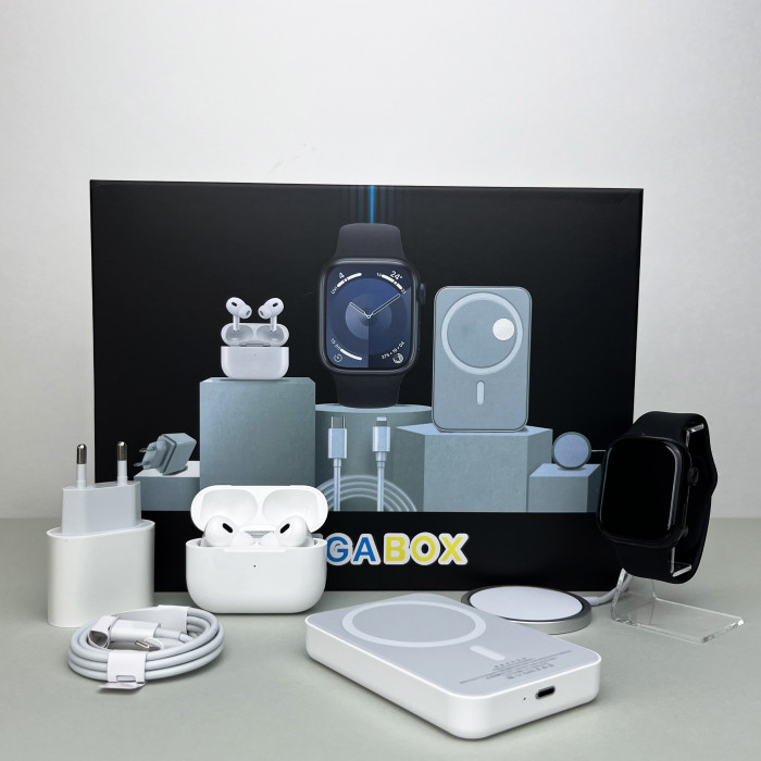 Комплект Megabox 6в1 - Watch 9 / Air Pro 2 / Battary Pack / MagSafe / 20W Type-С / Кабель 3х / Ремешок (Черный)  