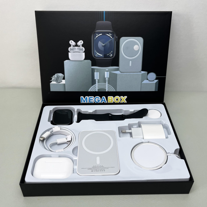 Комплект Megabox 6в1 - Watch 9 / Air Pro 2 / Battary Pack / MagSafe / 20W Type-С / Кабель 3х / Ремешок (Черный)  