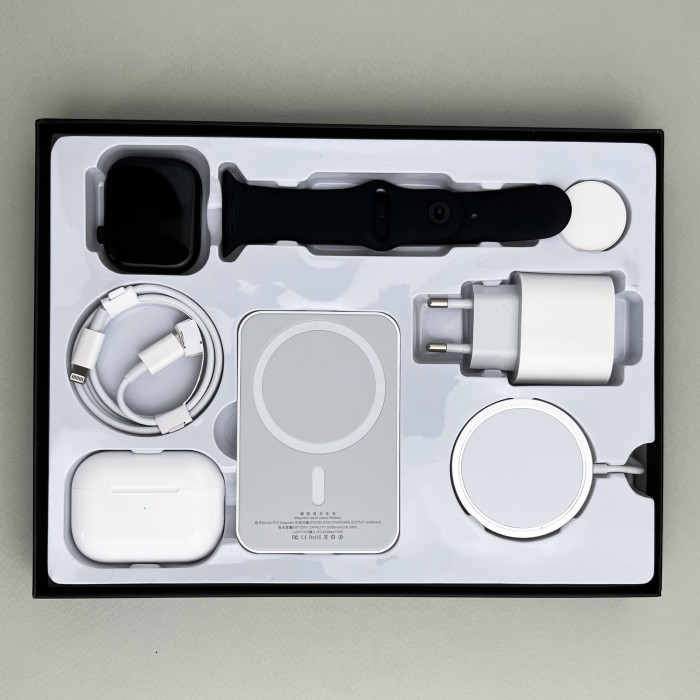 Комплект Megabox 6в1 - Watch 9 / Air Pro 2 / Battary Pack / MagSafe / 20W Type-С / Кабель 3х / Ремешок (Черный)  