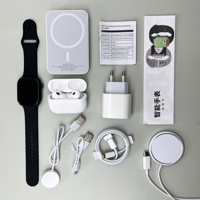 Комплект Megabox 6в1 - Watch 9 / Air Pro 2 / Battary Pack / MagSafe / 20W Type-С / Кабель 3х / Ремешок (Черный)  