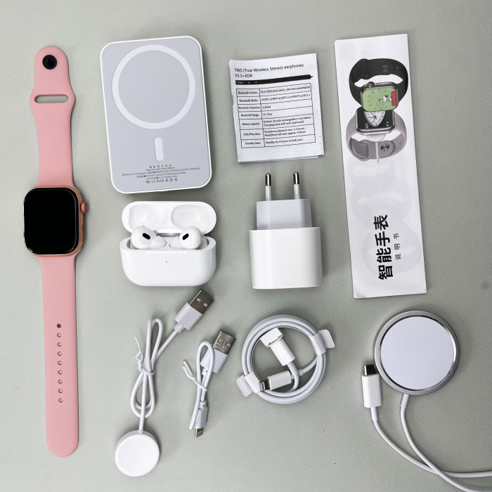 Комплект Megabox 6в1 - Watch 9 / Air Pro 2 / Battary Pack / MagSafe / 20W Type-С / Кабель 3х / Ремінець (Рожевий)