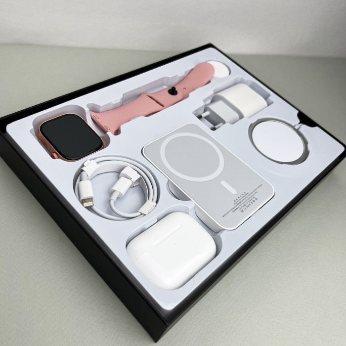 Комплект Megabox 6в1 - Watch 9 / Air Pro 2 / Battary Pack / MagSafe / 20W Type-С / Кабель 3х / Ремінець (Рожевий)