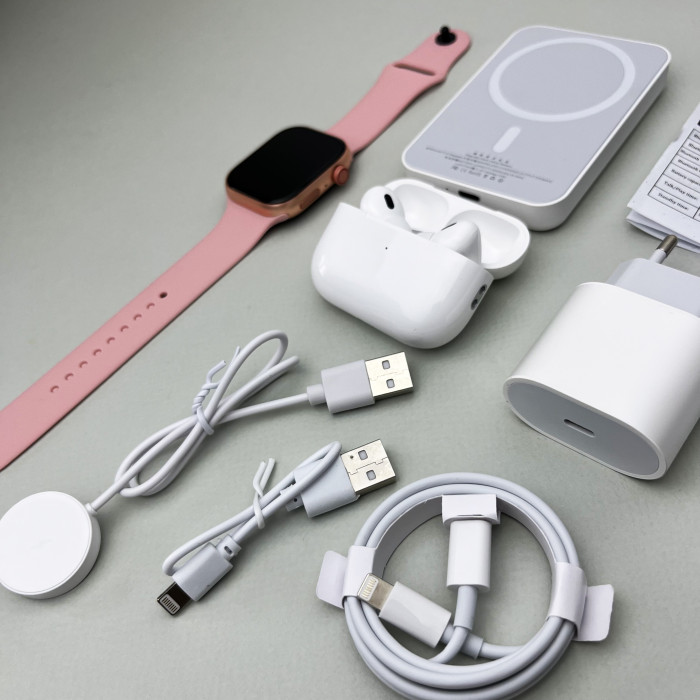 Комплект Megabox 6в1 - Watch 9 / Air Pro 2 / Battary Pack / MagSafe / 20W Type-С / Кабель 3х / Ремінець (Рожевий)