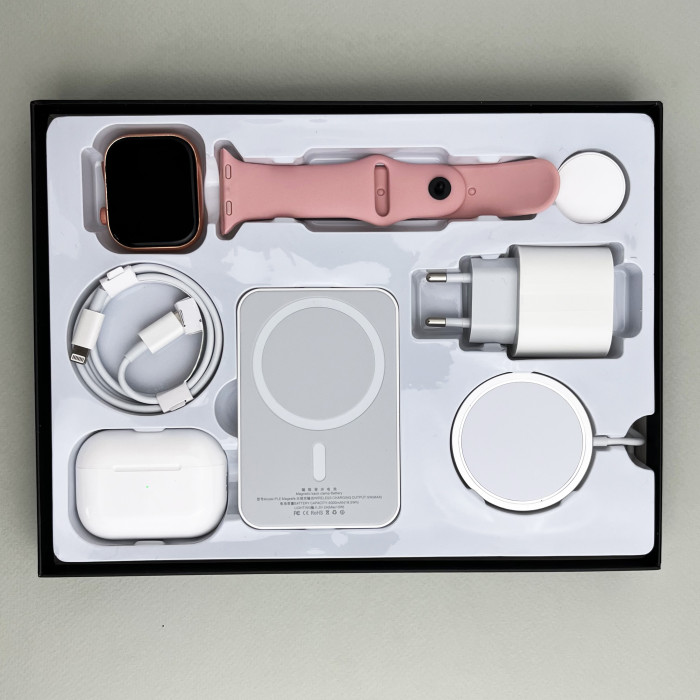 Комплект Megabox 6в1 - Watch 9 / Air Pro 2 / Battary Pack / MagSafe / 20W Type-С / Кабель 3х / Ремінець (Рожевий)