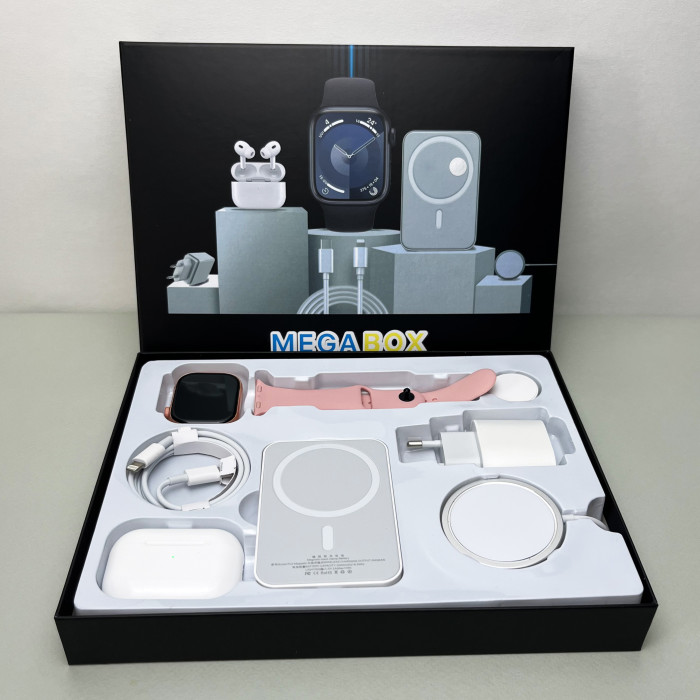 Комплект Megabox 6в1 - Watch 9 / Air Pro 2 / Battary Pack / MagSafe / 20W Type-С / Кабель 3х / Ремінець (Рожевий)
