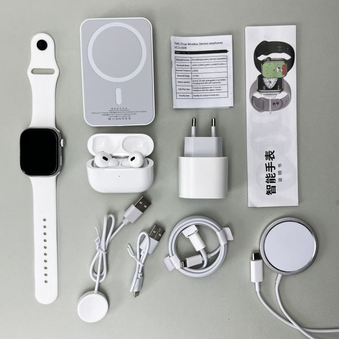 Комплект Megabox 6в1 - Watch 9 / Air Pro 2 / Battary Pack / MagSafe / 20W Type-С / Кабель 3х / Ремешок (Белый)