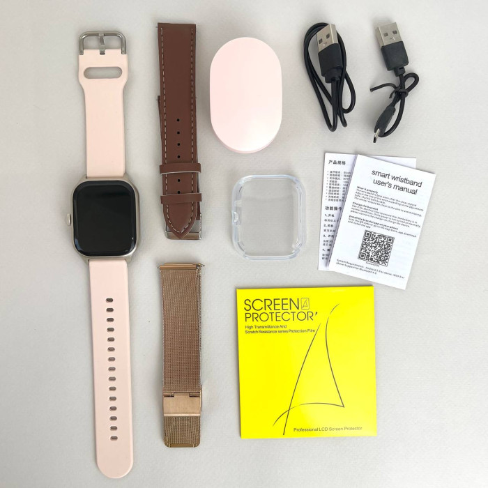 Комплект WK76 - Smart Watch / Наушники Air Dots / 3 ремешка / Защитный чехол и пленка (Розовый)