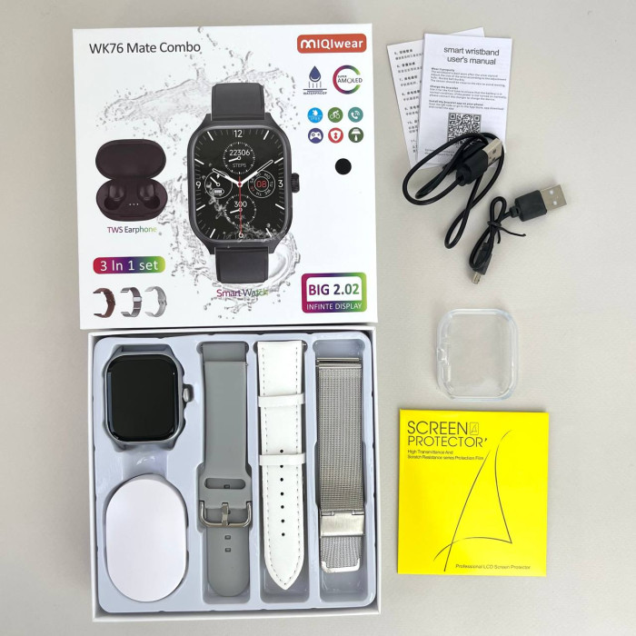 Комплект WK76 - Smart Watch / Наушники Air Dots / 3 ремешка / Защитный чехол и пленка (Серый)