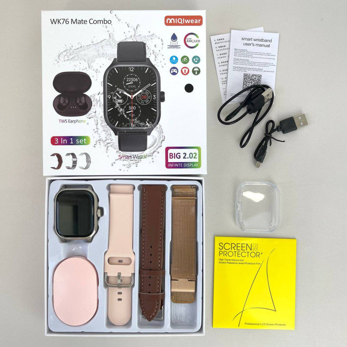 Комплект WK76 - Smart Watch / Наушники Air Dots / 3 ремешка / Защитный чехол и пленка (Розовый)