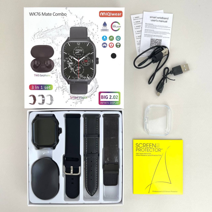 Комплект WK76 - Smart Watch / Наушники Air Dots / 3 ремешка / Защитный чехол и пленка (Черный)