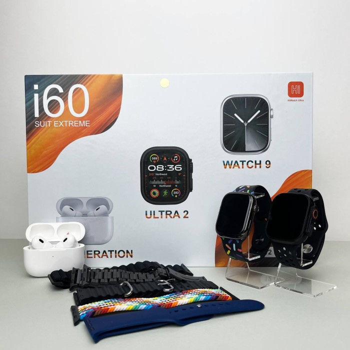 Комплект i60 - Watch Ultra 2 / Smart Watch 9 / Air Pro 2 / 7 ремешков / 2 защитных чехла (Черный)