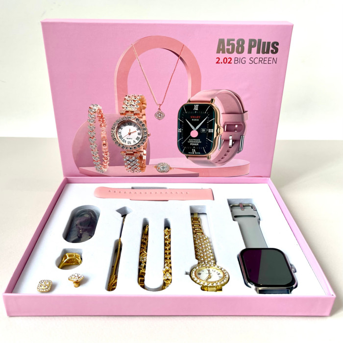 Комплект A58 Plus 7в1 - Smart Watch / Кварцевые часы / Украшения / 2 ремешка (Серый)