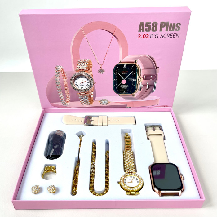 Комплект A58 Plus 7в1 - Smart Watch / Кварцевые часы / Украшения / 2 ремешка (Бежевый)