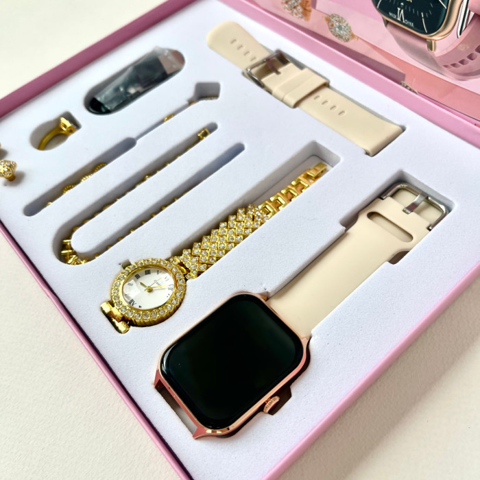 Комплект A58 Plus 7в1 - Smart Watch / Кварцевые часы / Украшения / 2 ремешка (Бежевый)