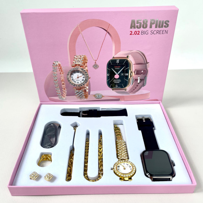 Комплект A58 Plus 7в1 - Smart Watch / Кварцевые часы / Украшения / 2 ремешка (Черный)