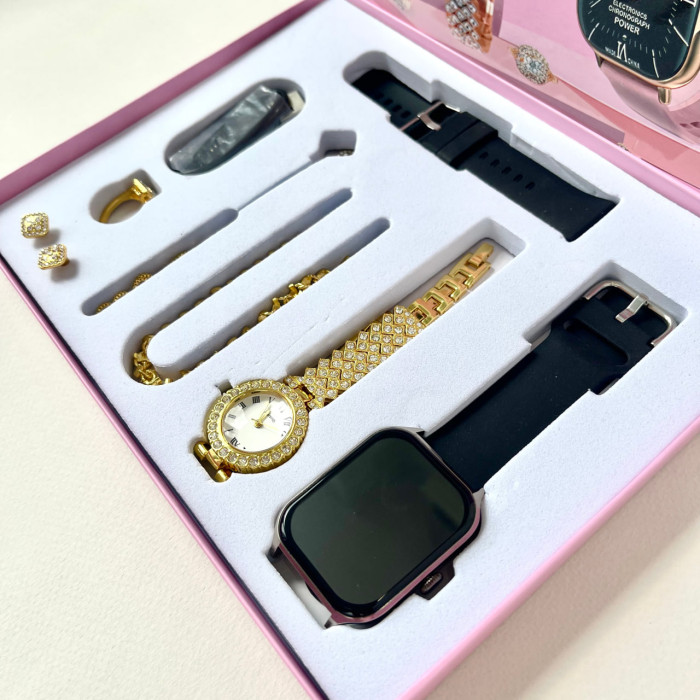 Комплект A58 Plus 7в1 - Smart Watch / Кварцевые часы / Украшения / 2 ремешка (Черный)