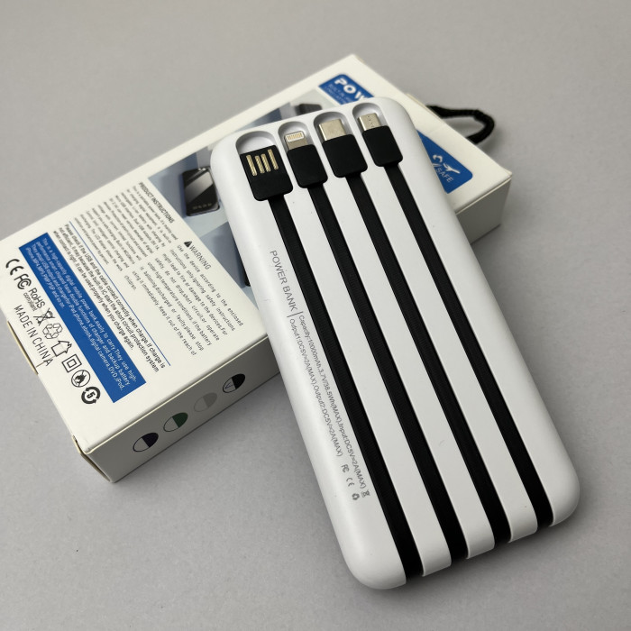 Power Bank Fast Charge с кабелем USB+Micro+Type-C+Lightning (10000mAh) Белый 
