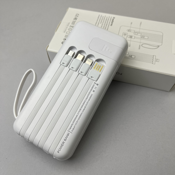 Power Bank Super с кабелем USB+Micro+Type-C+Lightning (20000mAh) Белый 
