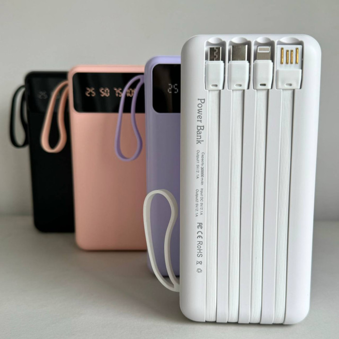 Power Bank Intelligent Fast с кабелем USB+Micro+Type-C+Lightning (30000mAh) Белый