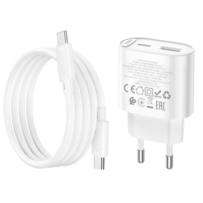Мережевий зарядний пристрій Hoco C109A USB + Type-C та кабель Type-C to Type-C 20W