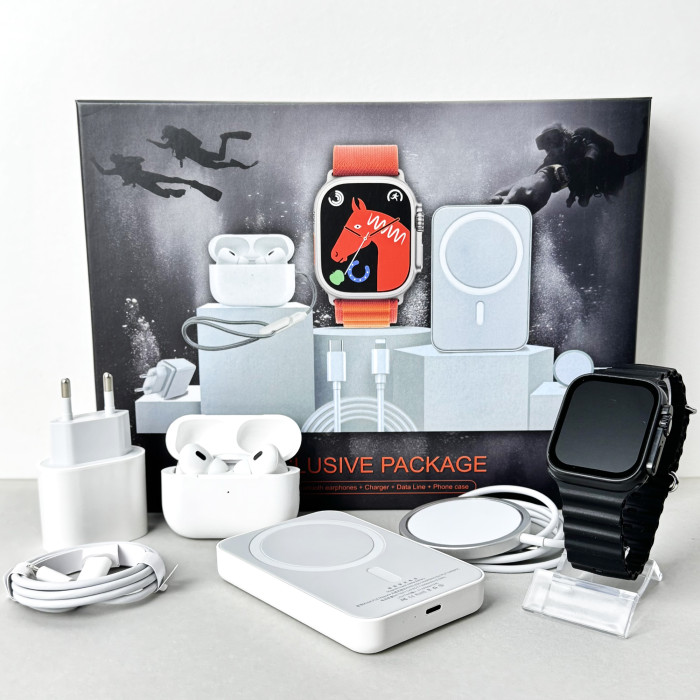Комплект Ultrа Pro 6в1 - Watch Ultra 8 / Air Pro 2 / Battary Pack / MagSafe / 20W Type-С / Кабель 3х / Ремінець (Чорний)