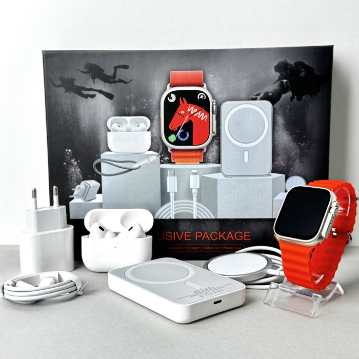 Комплект Ultrа Pro 6в1 - Watch Ultra 8 / Air Pro 2 / Battary Pack / MagSafe / 20W Type-С / Кабель 3х / Ремінець (Помаранчевий)
