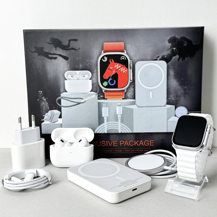 Комплект Ultrа Pro 6в1 - Watch Ultra 8 / Air Pro 2 / Battary Pack / MagSafe / 20W Type-С / Кабель 3х / Ремінець (Білий)