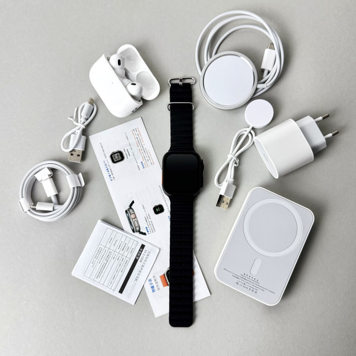 Комплект Ultrа Pro 6в1 - Watch Ultra 8 / Air Pro 2 / Battary Pack / MagSafe / 20W Type-С / Кабель 3х / Ремінець (Чорний)